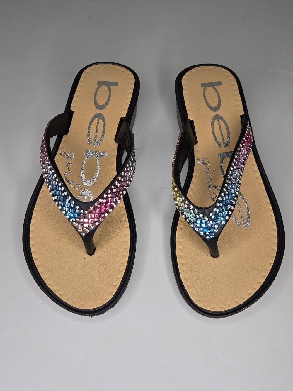Bebe Girls's Beige Rhinestone Multicolor Women's Flip Flops SIZE CHILD 11 SMALL